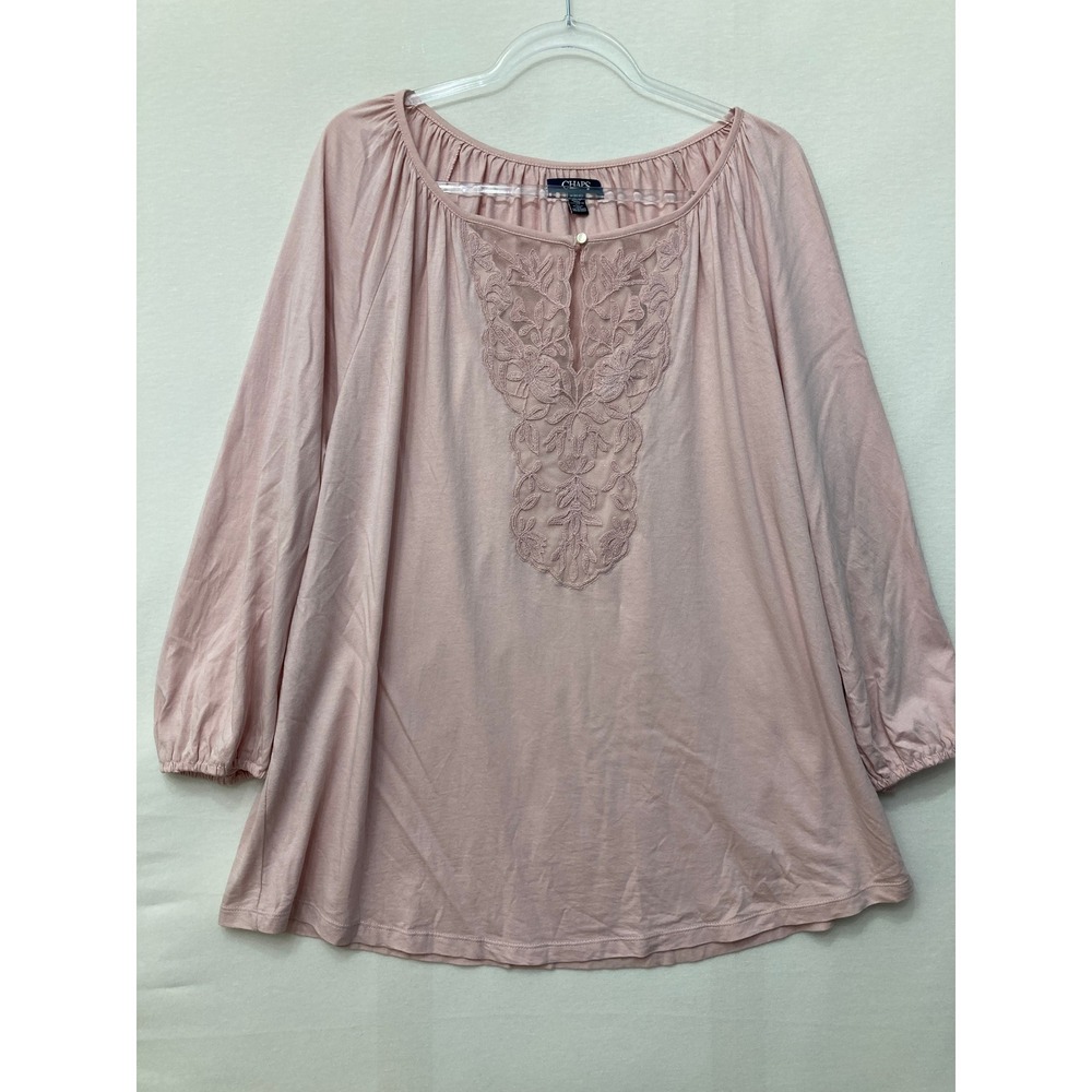 Chaps Blouse 1X Blush Pink Lace Embroidered Keyhole Long Sleeve Stretch Knit